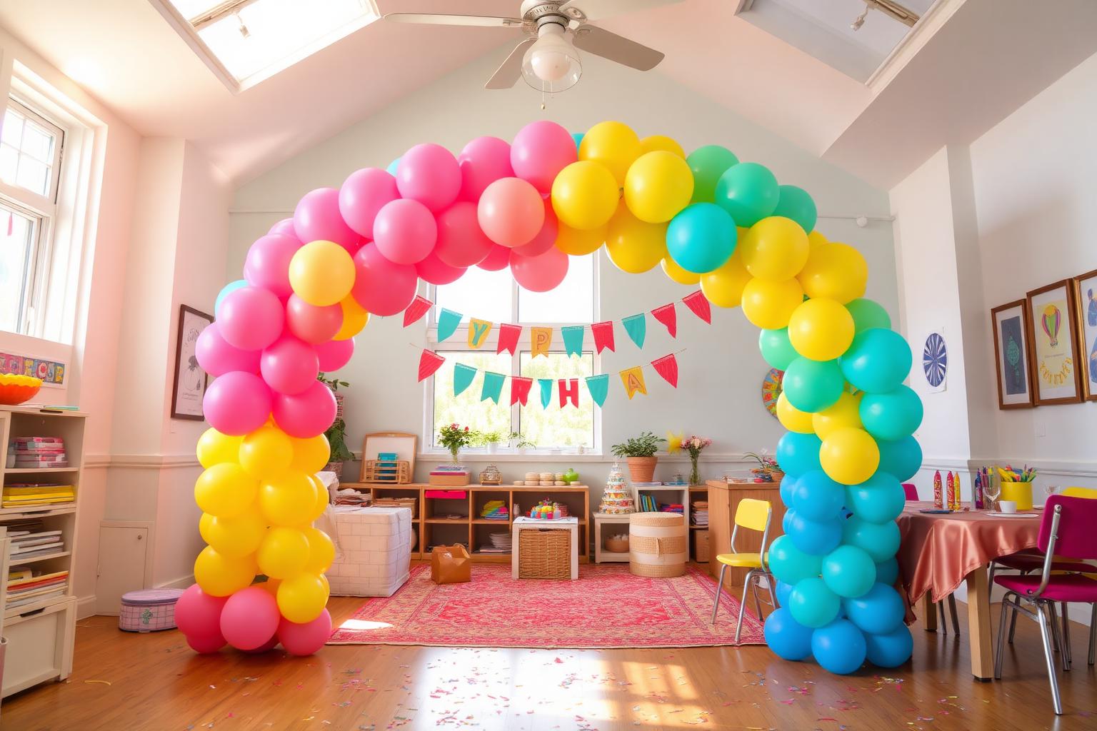 Salão de festas decorado com balões coloridos